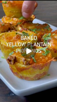 baked yellow plantain pies on a white plate with text overlay reading baked yellow plantain pies