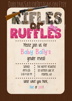 Rifles or Ruffles Gender Reveal Party by DarlingSailorDesigns, $10.00 Camo Party Invitation Digital File Camo Gender Reveal, Country Gender Reveal, Gender Reveal Ideas, Gender Reveal Invitations, Craps, Baby Gender Reveal