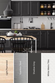 an image of a kitchen with gray cabinets and black chairs in the color palettes