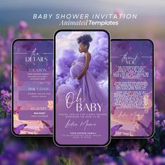 a baby shower card with an image of a pregnant woman in purple dress and clouds