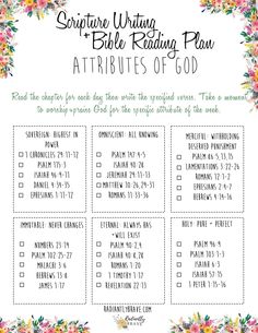 a printable bible reading plan with flowers on the front and bottom, in white