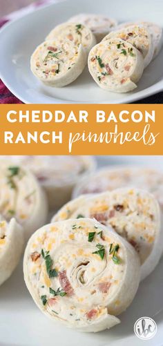 cheddar bacon ranch pinwheels on a white plate with text overlay