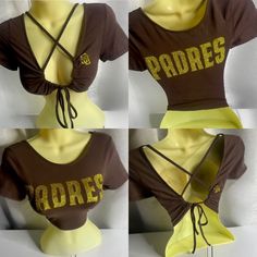 SD Padres two in one crop top. Wear it two different ways. Please note estimated time to ship these items is 7-10 business days as they are made to order. If you need it right away please send us a message and we will try our best to accommodate your request.  Don't see your team? Send us a message with a request and we will gladly accommodate it. Collard Crop Top Outfit, Brown Fitted Crop Top, Trendy Brown Crop Top, Brown Stretch Crop Top, Diy Crop Top From T Shirt, Upcycled Tshirt, Diy Crop Top