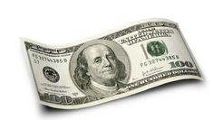 one hundred dollar bill on white background with clipping path to the right side photo