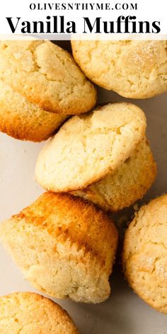 a pile of vanilla muffins sitting on top of a white plate with text overlay