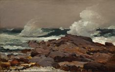 an oil painting of waves crashing over rocks on the ocean with white foamy clouds in the background