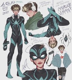 an image of some character sketches for the upcoming film spider man, with headphones on