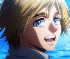 an anime character with blonde hair and blue eyes looking at the camera while standing in front of water