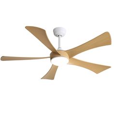 a white ceiling fan with wooden blades and a light on the top of it's blades