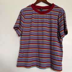 Never Worn This Shirt It Is Brand New. It Is Stretchy. Fit Type Is Oversized. It Is A Casual Look For Any Day To Get Breakfast, Food Shop, Hang Around. The Neck Line Is Round. Length Is 25 Inches, Bust Is 46.9, Shoulder Is 17.1 Inches. Rainbow Stripe Shirt, Retro Striped Shirt, Striped Shirt Aesthetic, Clothing Etiquette, Mens Cottagecore, 80s Striped Shirt, 90s Men Outfits, 80s Clothes, Striped Tshirt