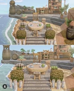 two different views of an outdoor dining area