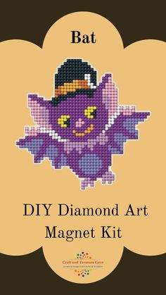 Bat Diamond Painting Beginner Magnet Kit. Makes 1 Size - 4.5" x 4.4" Kit contents: - Pre-cut binder's board with printed color chart on it - Re-usable zip lock bags with presorted square sparkles - Stylus, dry glue pad, magnet tape, craft tray - instructions Suitable for ages 7+ or younger with adult supervision. Bat Halloween, Towels Kids, Fall Crafts Diy, Craft Kits For Kids, Craft Projects For Kids