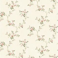 a wallpaper with white flowers and green leaves on the side, against a beige background