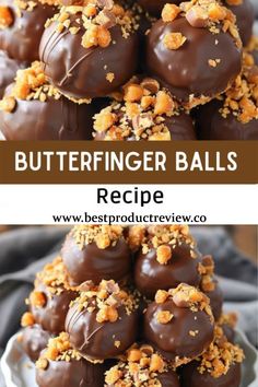 chocolate covered butterfinger balls are stacked on top of each other in a white bowl