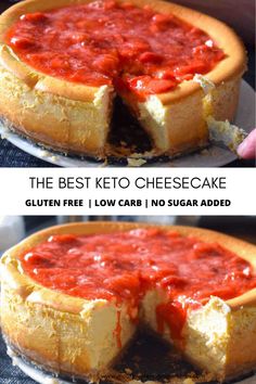 A huge new york style cheesecake topped with a homemade strawberry sauce. This cheesecake has an almond flour crust.The top photo shows a knife slicing and cutting a piece out of the cake, the second photo shows the inside of the cheesecake. Best Keto Cheesecake, Cheesecake Gluten Free, Low Carb Soup Recipes, Keto Lasagna, Gluten Free Cheesecake, Low Carb Cheesecake, Lost 100 Pounds, No Carb Recipes, Low Carb Low Sugar