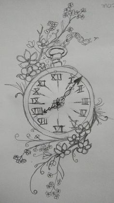 a drawing of a clock with flowers and vines on the face, as if it were drawn in pencil