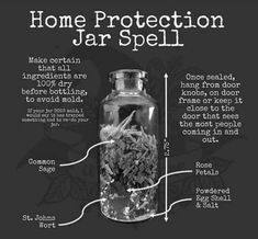 a glass jar filled with plants and labeled in the words, home protection jar spell