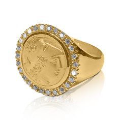 Luxury Ceremonial Jewelry With Diamond Accents, Heirloom Gold Jewelry With Pave Setting, Collectible Brilliant Cut Gold Jewelry, Ceremonial Yellow Gold Jewelry With Single Cut Diamonds, Ceremonial Yellow Gold Jewelry With Diamond Accents, Vintage Round Jewelry With Pave Setting, Coin Band, Gold Coin Ring, Silver Coin Ring