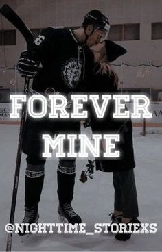 two men in hockey gear standing next to each other with the words forever, mine