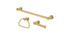 an image of two gold bathroom accessories on a white background, one is holding a towel bar and the other has a ring