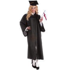 a woman dressed in a graduation gown and holding a red diploma while posing for the camera