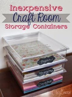 three stacks of craft room storage containers stacked on top of each other with text overlay