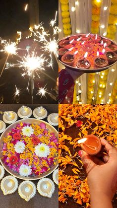 someone is lighting diyas on the occasion of diwaling them with sparklers