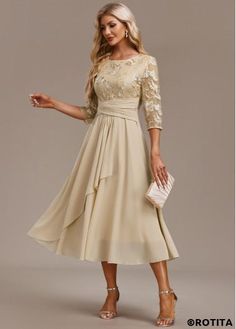 Dresses For Mother Of The Groom, Round Neck Dress, Mother Of Groom Dresses, Flowy Design, Dress Occasion, Color Champagne, Round Neck Dresses, Trendy Clothes, Handmade Wire