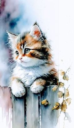 a painting of a kitten sitting on top of a fence