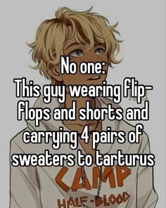 a guy with blonde hair wearing a white hoodie that says no one this guy wearing flips and shorts and carrying 4 pairs of sweats to tarturs