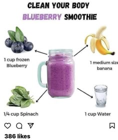 a blueberry smoothie in a mason jar with instructions to clean it and how to use it