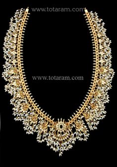 22 Karat Gold Guttapusalu 'Peacock' Long Necklace for Women with Cz, Pearls & Beads (Gutta Pusalu)   - 235-GN3454 - in 208.600 Grams for USD $13835.99. 
Made in India by Totaram Jewelers Online this product is in Gold - 22 Karat BIS Hallmark 916 KDM Gold  & is an excellent gift for Adult - Women. Ships fully insured with secured guaranteed delivery for free with your order over $250 from New Jersey USA & comes with 30 days exchange policy. Light Weight Guttapusalu Necklace Gold, Kundan Necklace With Peacock Design For Reception, Kundan Chandbali Necklace With Peacock Design For Reception, Reception Kundan Chandbali Necklace With Peacock Design, Festival Reception Kundan Necklace With Peacock Design, Traditional Kundan Necklace With Peacock Design For Reception, Gold Bridal Necklace With Peacock Design For Reception, Hyderabadi Jewellery, Ponniyin Selvan