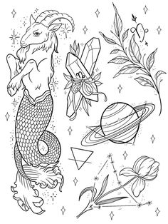 Capricorn Flash Tattoo, Capricorn Coloring Pages, Astrology Coloring Pages, Capricorn Drawing, Cat Kingston, Kingston Tattoo, Creepy Coloring Pages, Abstract Tattoo Ideas, Capricorn Tattoo