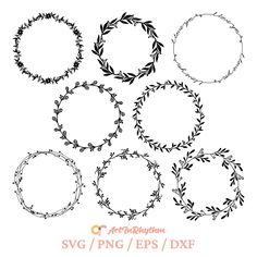 the set of hand drawn wreaths and frames is shown in black on a white background