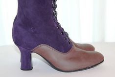 "Request a Custom Order and have something made just for you! Order your custom size for wider feet , strong calf and narrow feet also. This is an individual boot execution. Beautiful Victorian / French Heel Boots . All materials very qualitative. Vintage Dark Purple suede leather and Brown leather on top of the boots. Are issued by limited series.Model inspired from 1900 boot style. Mid calf height: height of the heel 2,6\" inch/ 7 cm length of the boot from the bottom of the sole (at the heel) Fitted Closed Toe Boots With Rubber Heel Cap, Fitted Leather Sole Boots With Closed Toe, Boho Boots Bohemian, Burning Man Boots, Granny Boots, Victorian Boots, Fabric Boots, Cosplay Boots, Boho Boots