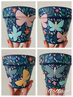 four pictures of the inside of a flower pot with butterflies on it and flowers in different colors