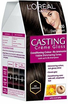 L'Oreal Paris Casting Creme Gloss, Dark Brown 400, 87.5G+72Ml With Ayur Product  A non-ammonia hair colour that gives natural looking colour with visible shimmering tones and a glossy shine Gives your hair a total beauty treatment as the No ammonia formula covers grey Gives you the richness of natural color that lasts up to 28 shampoos Easy, clean and pleasurable application with the non-drip crème formula in just 20 minutes, even for beginners The delicate fragrance makes colouring a luxurious Natural Black Hair Dye, Sites For Clothes, Brown Hair Color Chart, Casting Creme Gloss, Natural Black Hair Color, Loreal Hair Color, Dark Chocolate Brown Hair, Hair Color Images, Loreal Hair