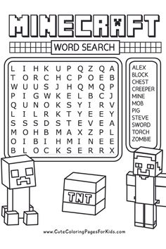 the word search for minecraft is shown in black and white, with an image of two