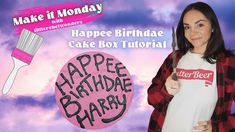 a woman holding a toothbrush in front of a cake with the words happy birthday written on it