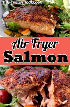 air fryer salmon with lettuce and tomatoes on the side