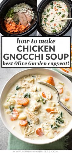 how to make chicken gnocchi soup in the crock pot with text overlay