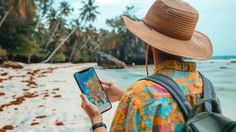 a person wearing a hat is looking at a map on a cell phone in front of the ocean