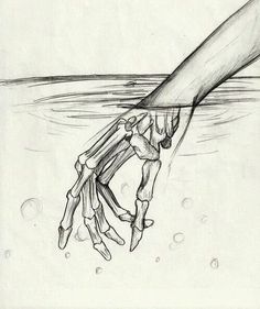 a drawing of a hand reaching for something in the water