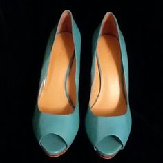 Nine West Leather Turquoise Peep Toe Heels See Info Below Blue Open Heel Heels With Leather Sole, Formal Turquoise Open Toe Heels, Spring Turquoise Open Toe Heels, Blue High Heels With 4-inch Heel, Blue High Heel Sandals With 4-inch Heel, Blue Suede Heels, Lace Booties, Caged Heels, White High Heels