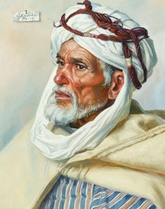 an old man with a white turban and striped shirt is looking off to the side