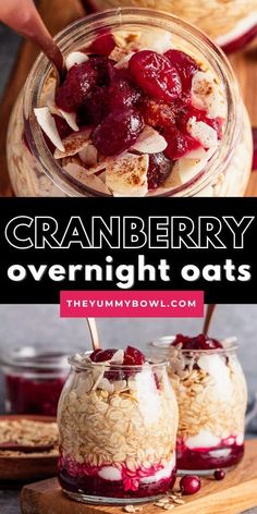 cranberry overnight oatmeal with yogurt and granola toppings