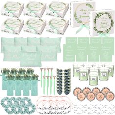 the wedding stationery is set up in mint green and white with matching items for each guest