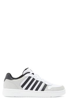 Multicolored stripes with micro perforated details amplify the vintage court-inspired silhouette of a low-top sneaker built atop a cup sole that melds athletic origins with modern tastes. Synthetic upper, lining and sole Imported Sneaker Men, The Vintage, Low Top, Nordstrom Rack, Top Sneakers, Size 7, Nordstrom, Stripes, Sneakers