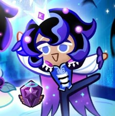 an animated character with purple hair and blue eyes, holding a crystal in her hand