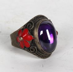 Size:  Width: 25mm Height: 23mm       Depth: 30mm Weight: 13g Silver Flower Ring With Stone Setting, Silver Enamel Open Ring With Gemstone, Collectible Silver Ruby Ring, Zircon Ring, Rings Statement, Statement Rings, Jewelry Rings, China, Etsy Uk